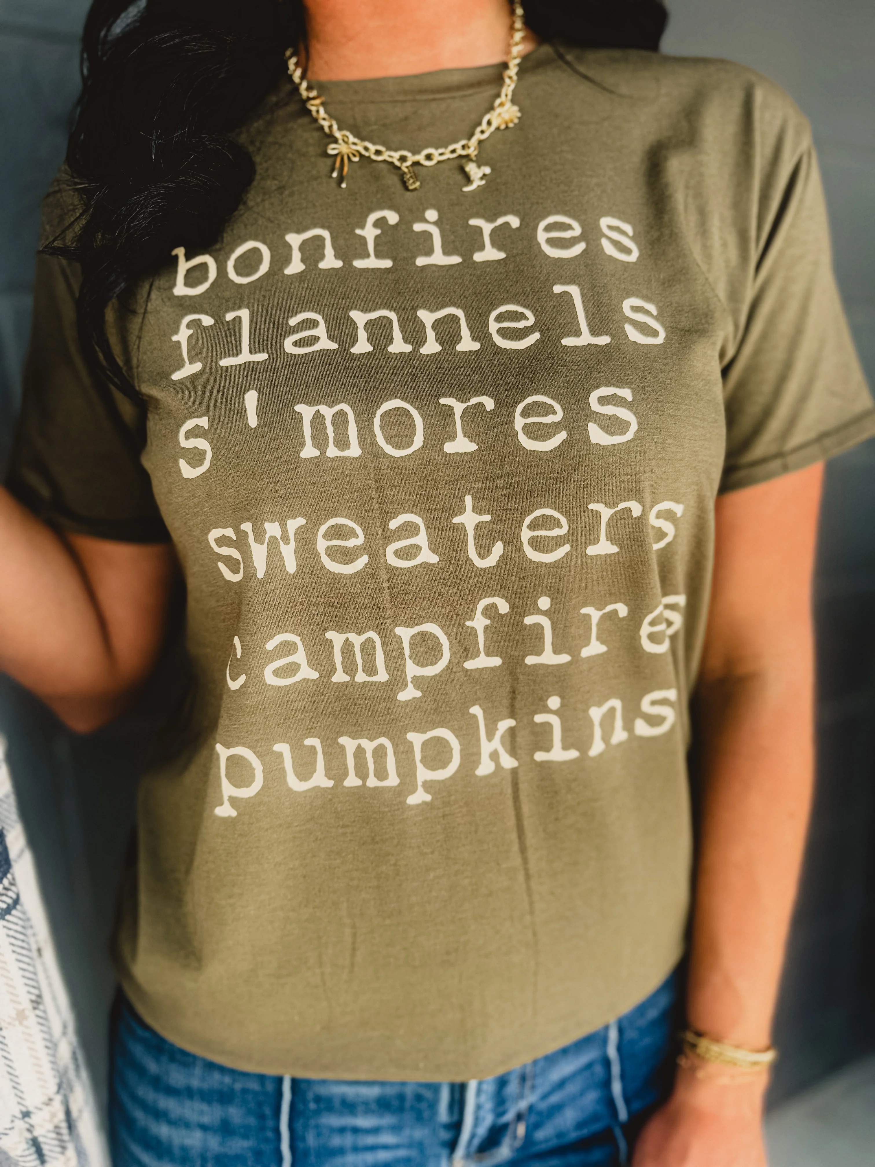 Bonfires, Flannels, & S'mores Graphic Tee - Olive