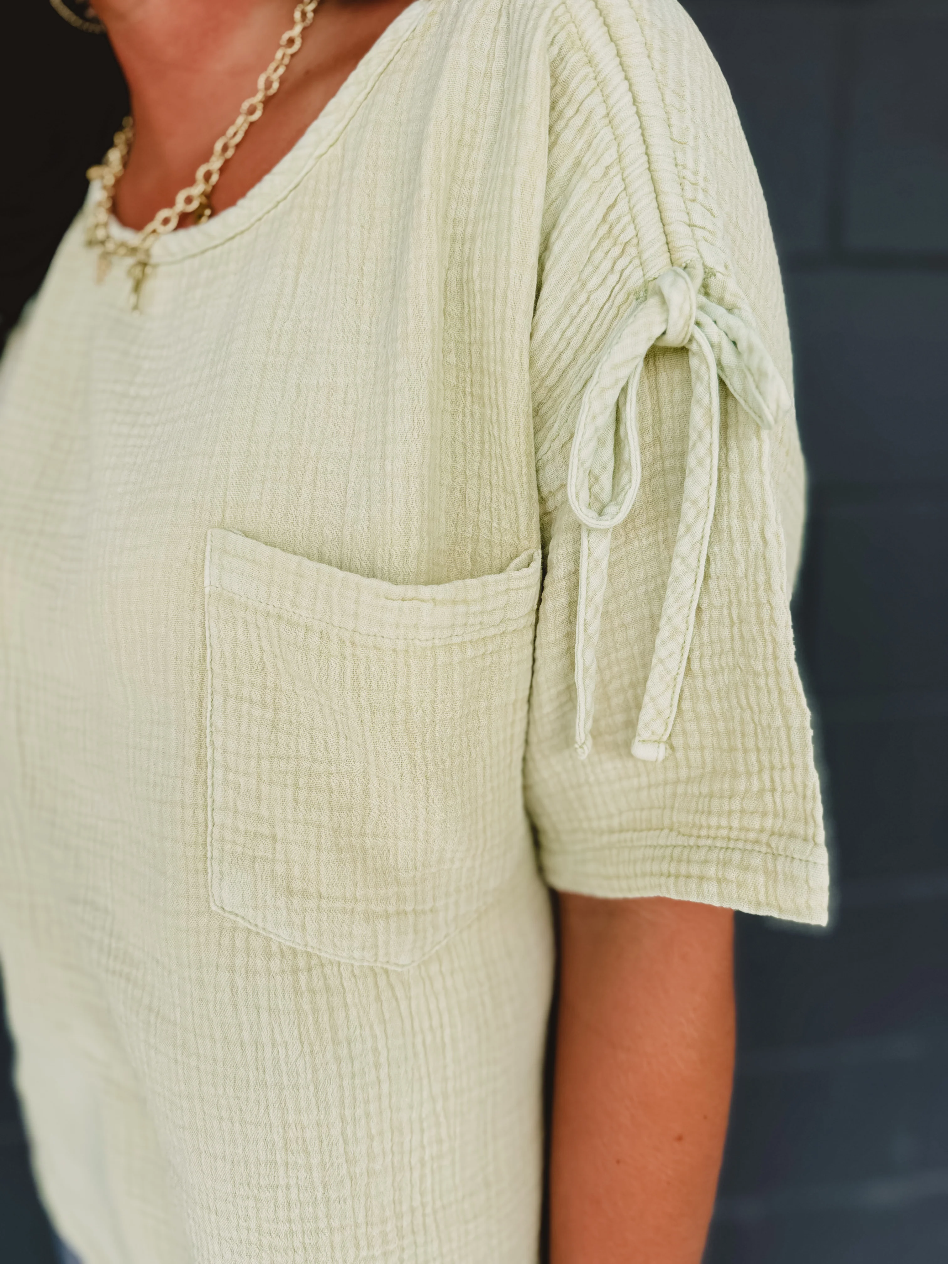 Ruched Shoulder Tie Gauze Top - Light Sage