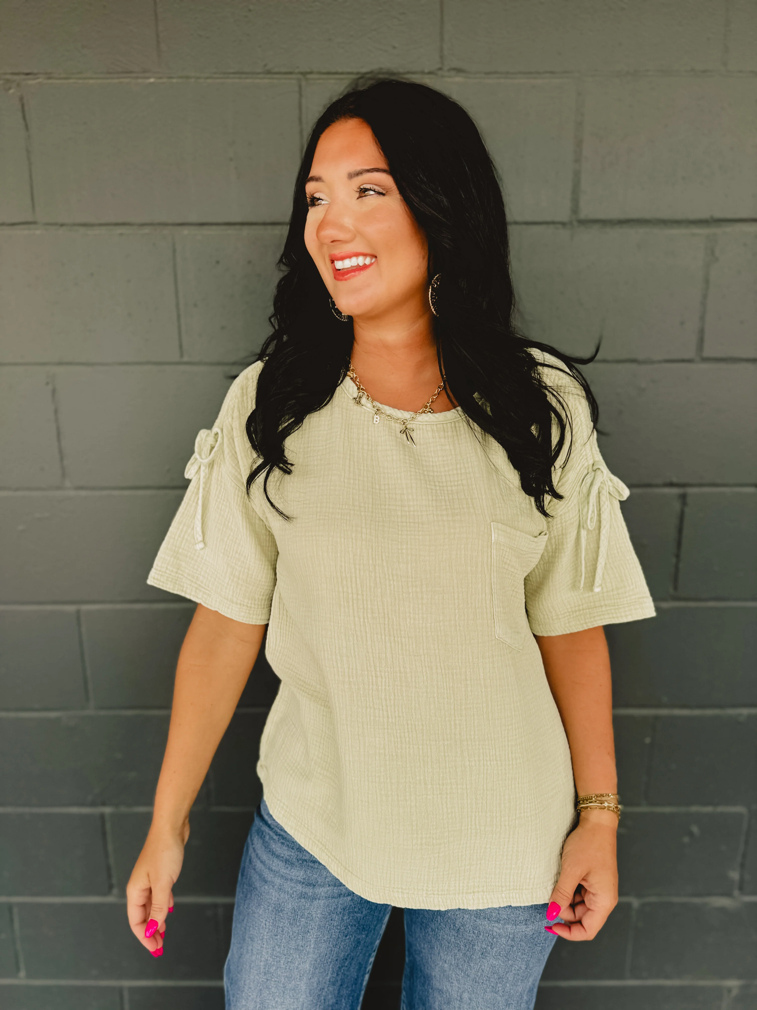 Ruched Shoulder Tie Gauze Top - Light Sage