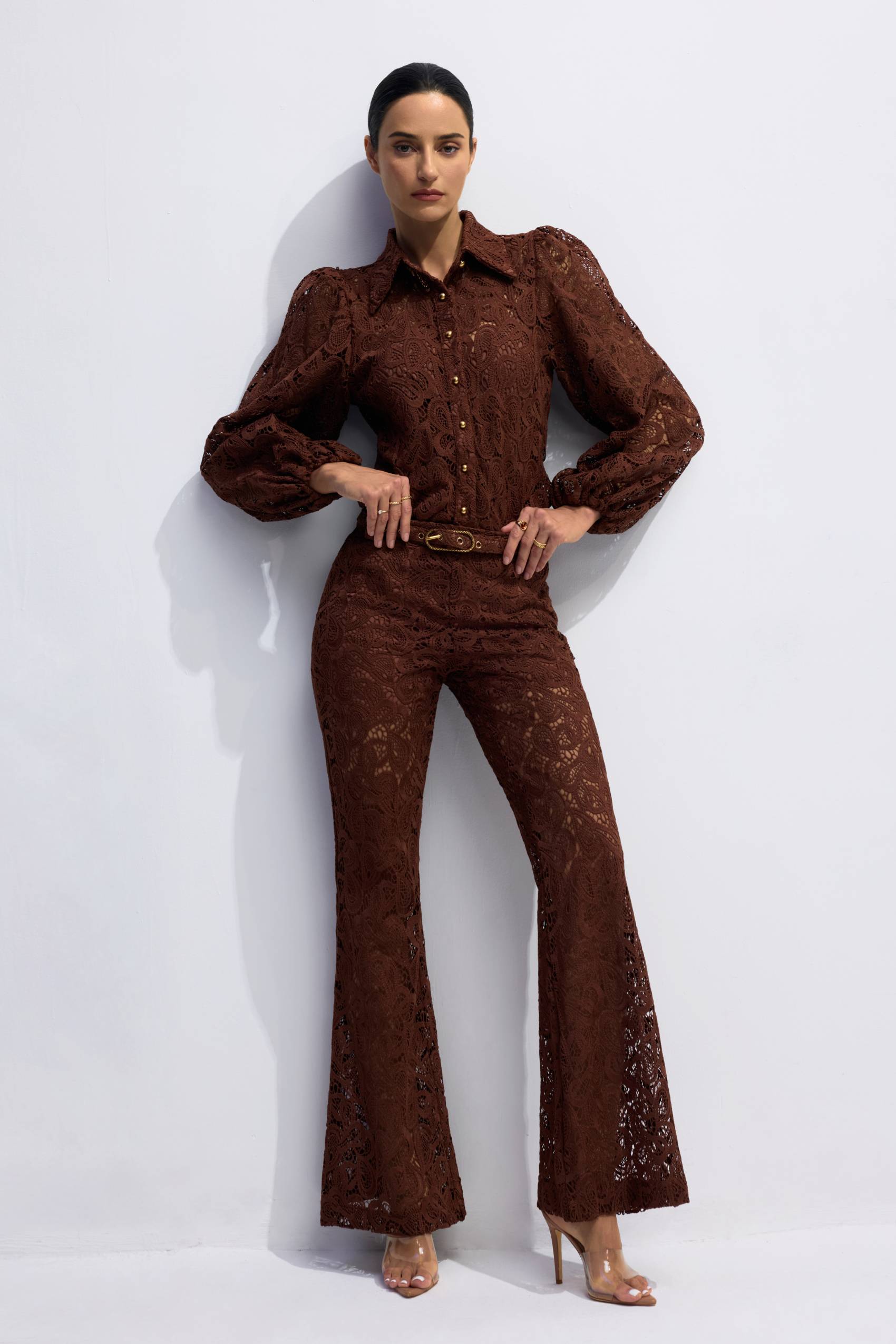 Lace Blouse & Flare Pants Set