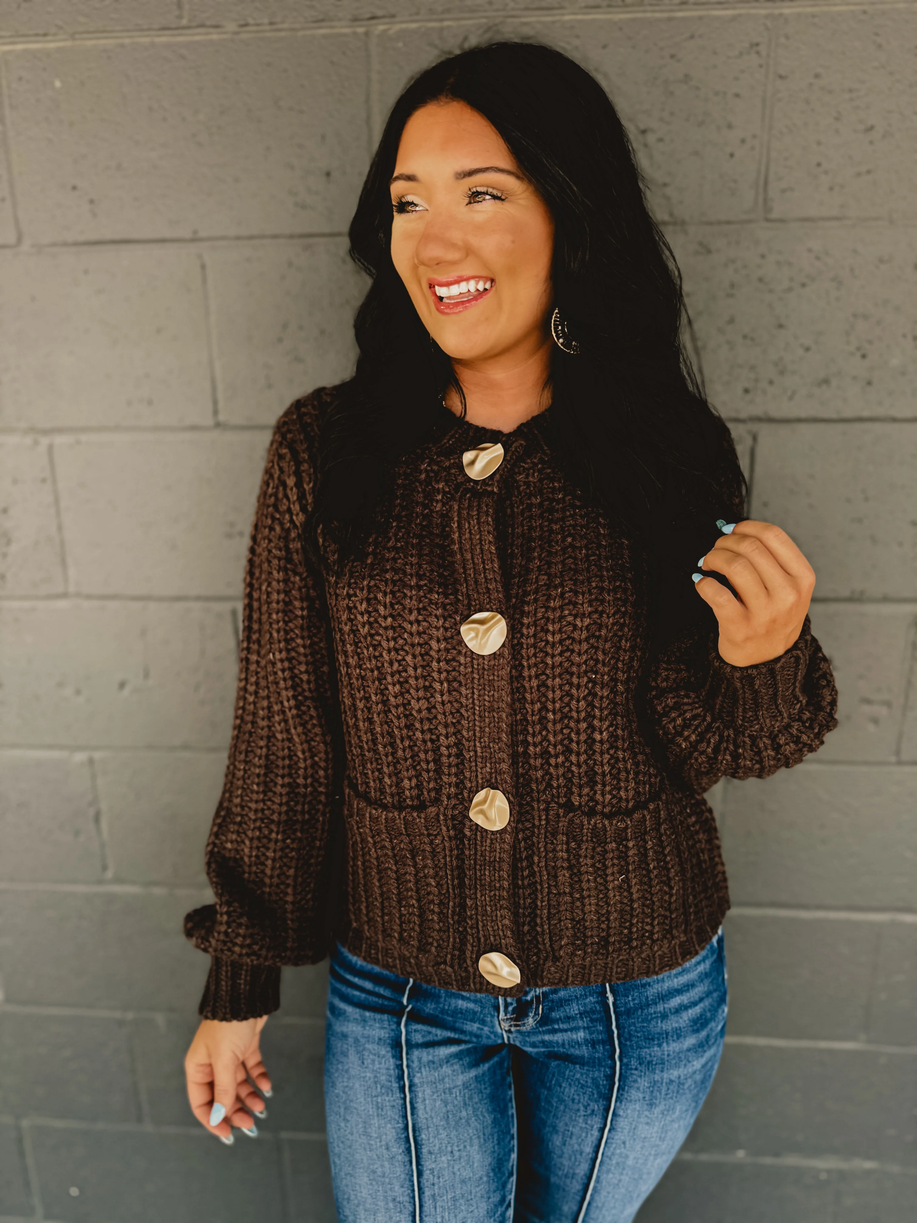 Chunky Button Cable Knit Cardigan - Mocha Mousse