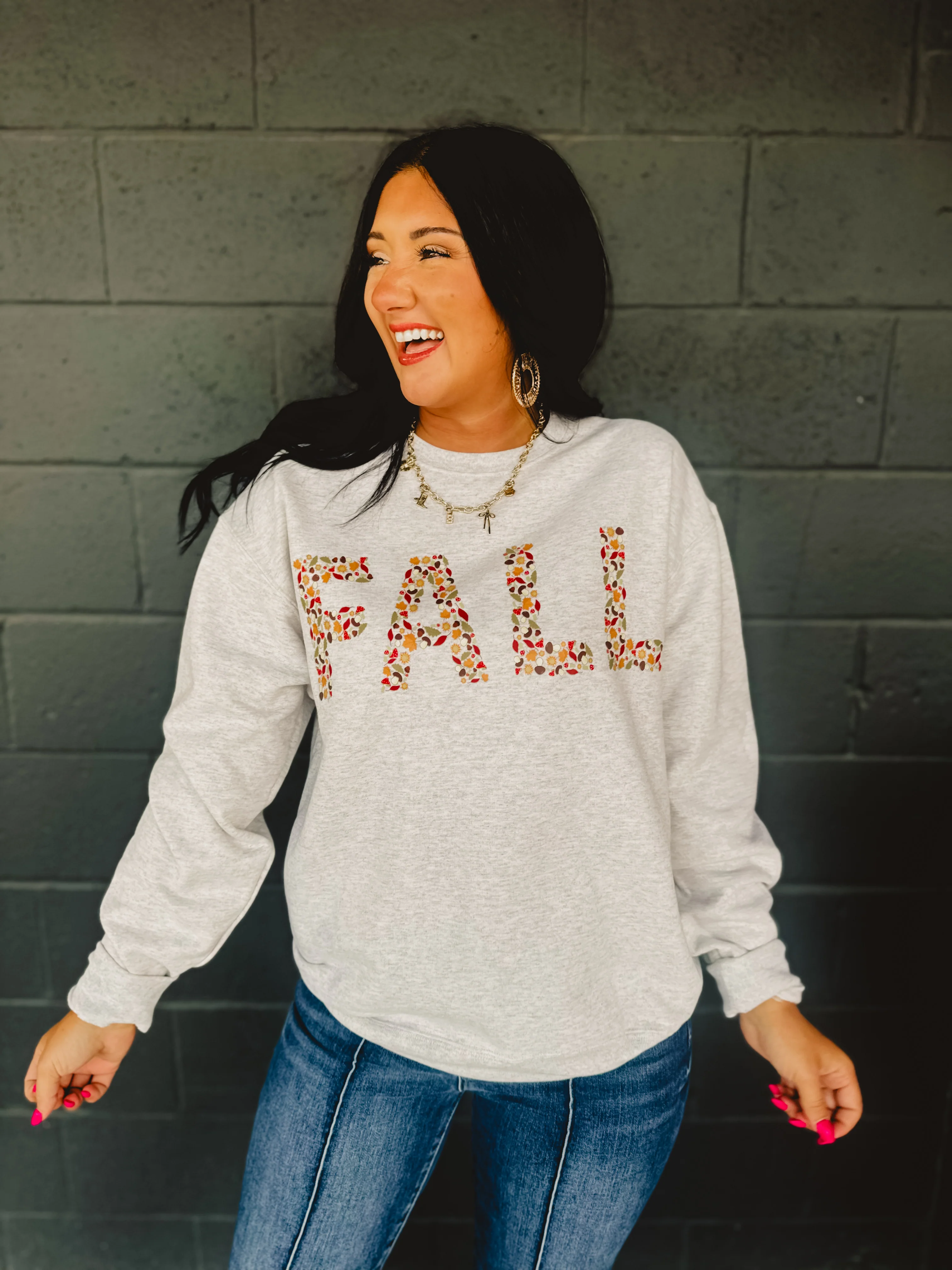 Fall Printed Crewneck Fleece Sweatshirt - Heather Oat