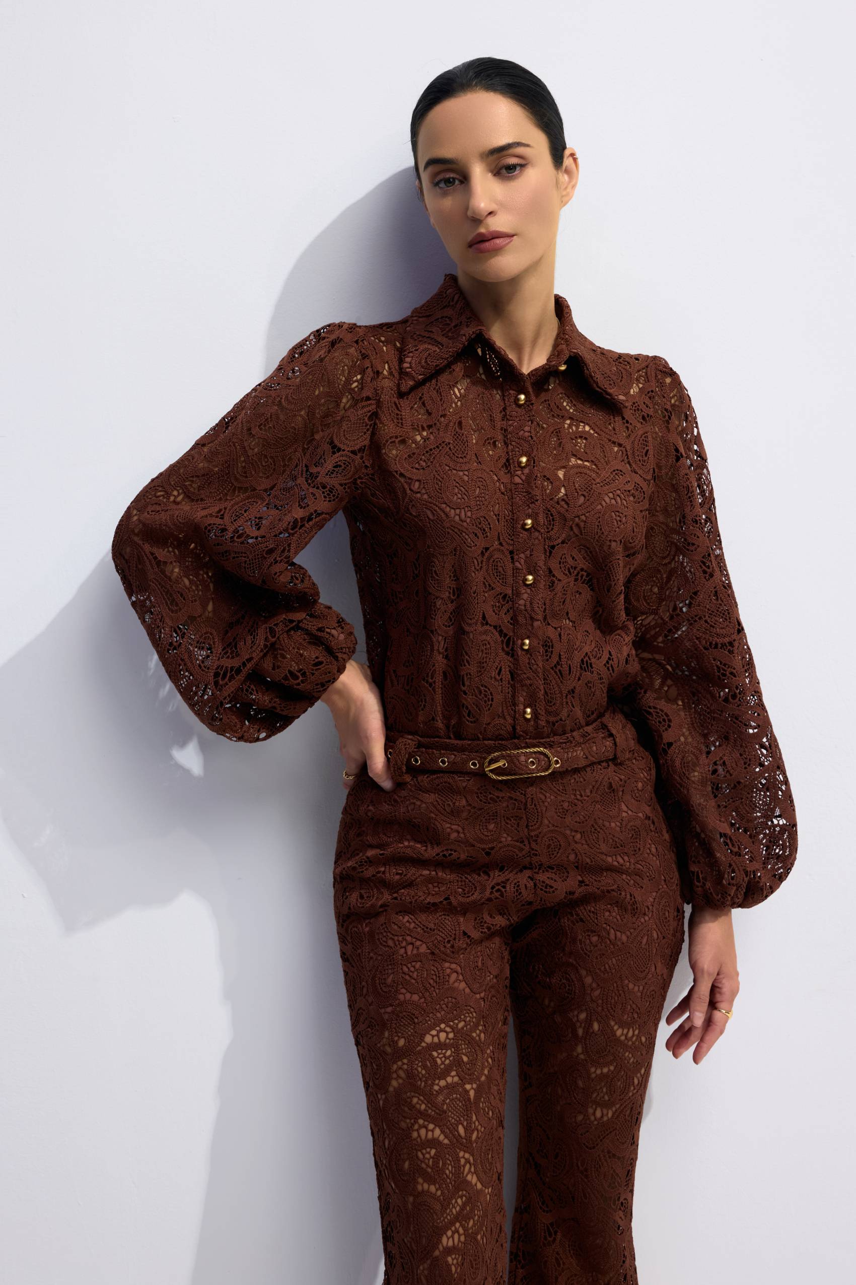 Lace Blouse & Flare Pants Set