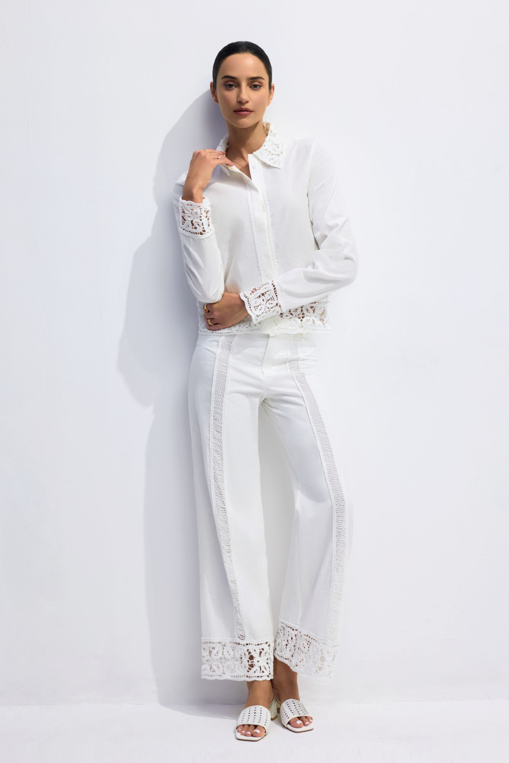 Lapel Collar Crochet Detail Shirt & Pants Set