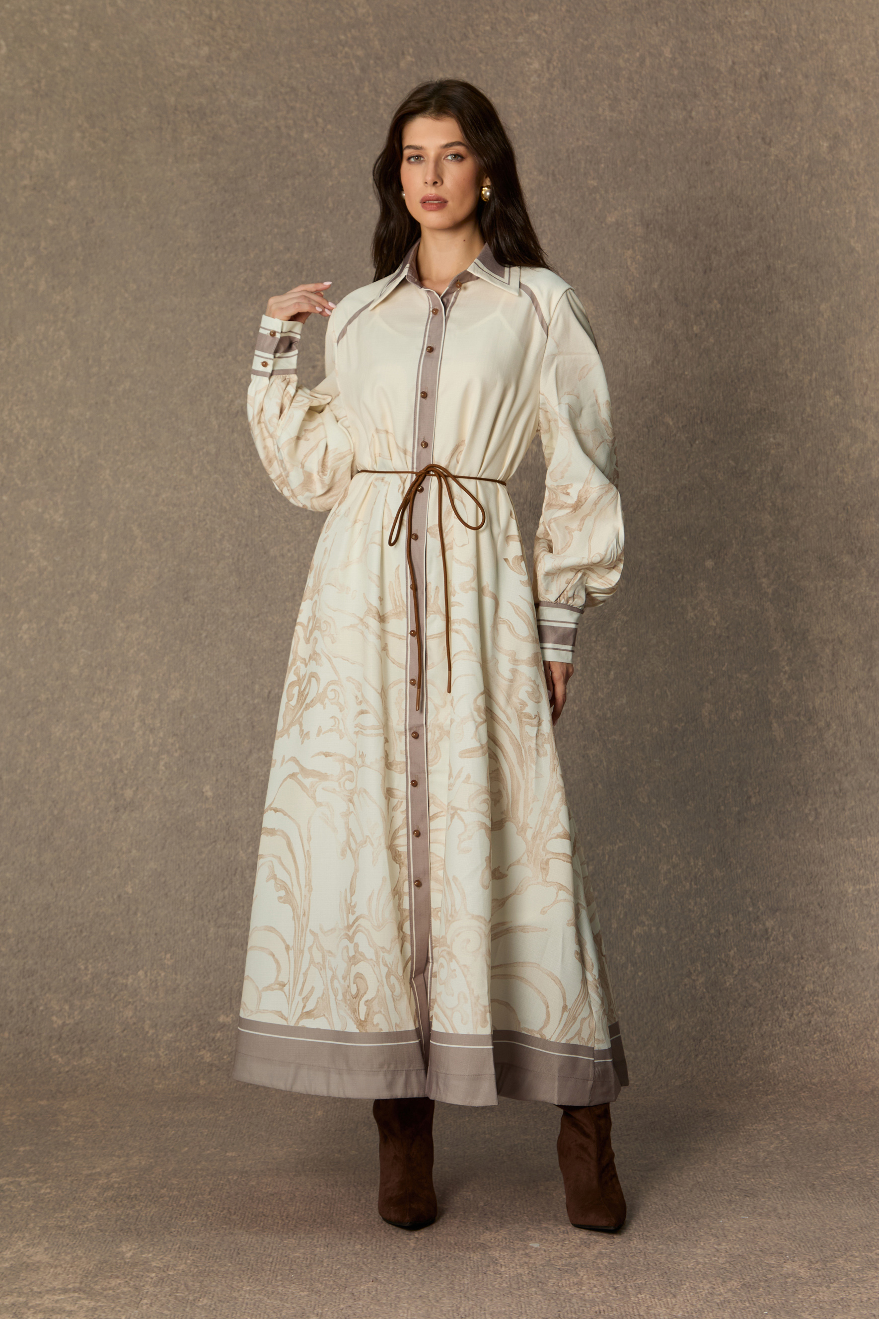 Beige Floral Print Balloon Sleeve Maxi Dress